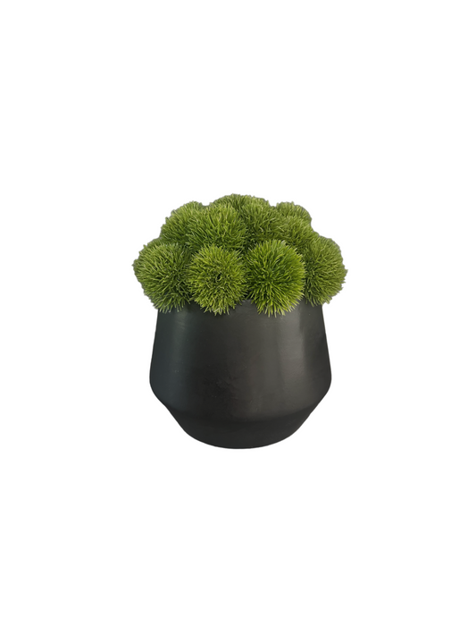Artificial vibrant green dianthus set in a black matt plant pot.