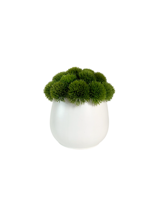 Lush green artificial dianthus set in a matt white ceramic pot