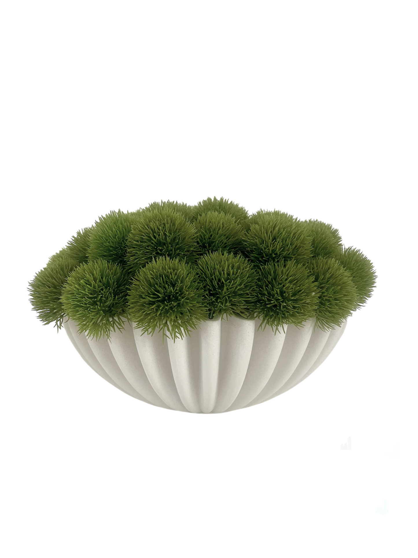 Lush green artificial dianthus set in a white pleated resin bowl.