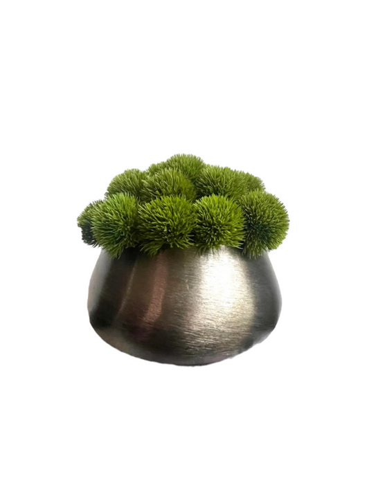 Lush green artificial dianthus set in a brushed metal medium planter.