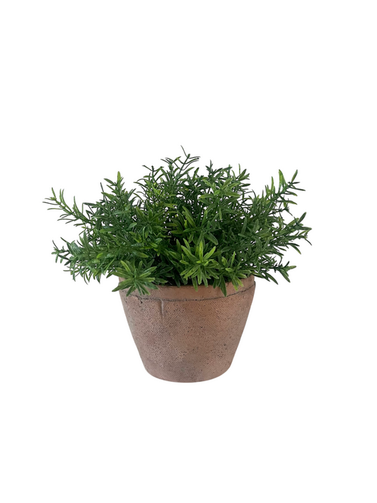 Artificial lush green rosemary set in a rustic terracotta pot.