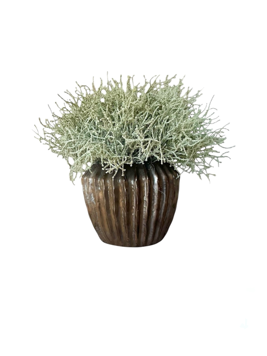 Green/grey artificial santolina set in bronze ribbed pot