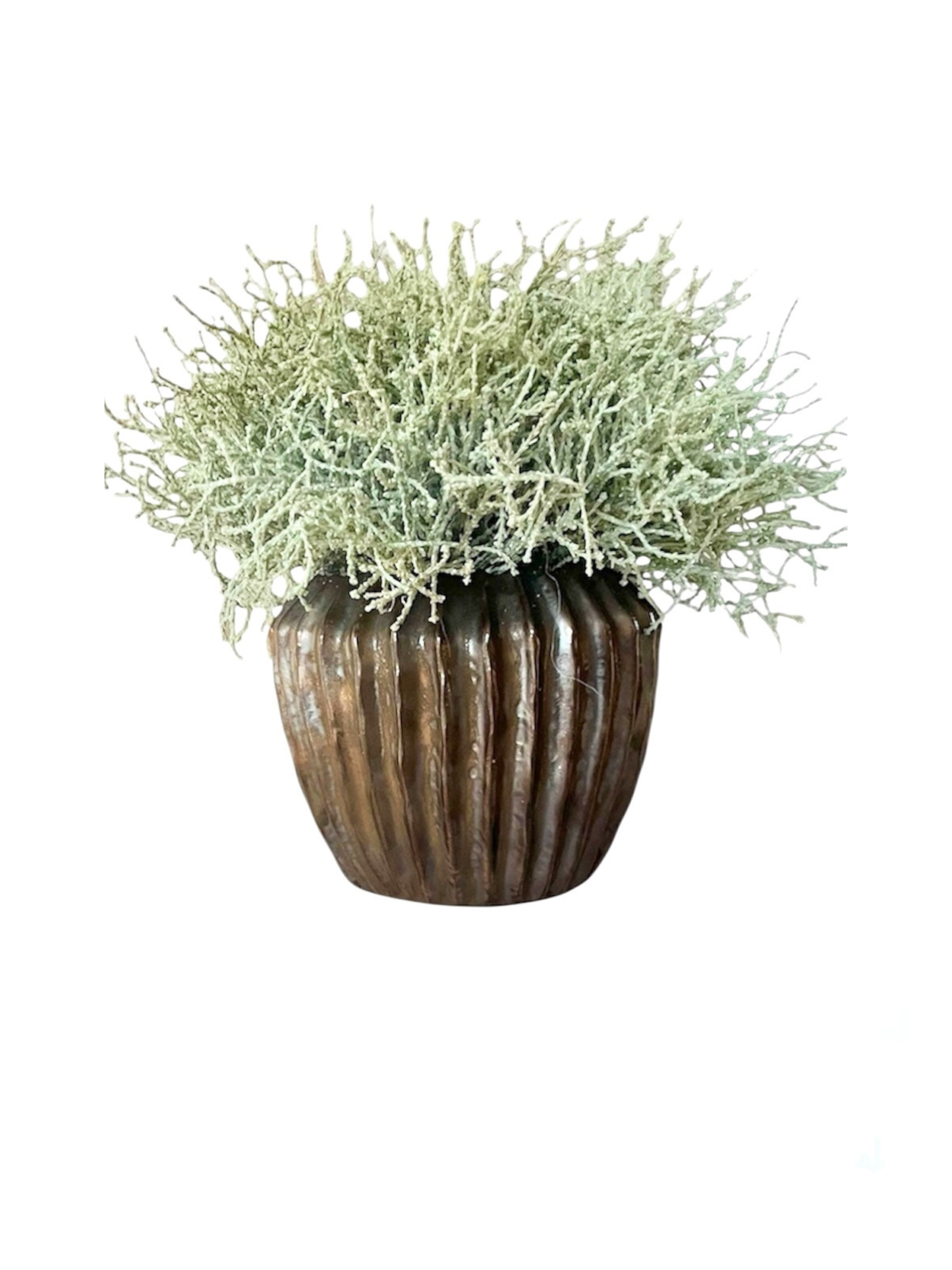 Green/grey artificial santolina set in bronze ribbed pot.