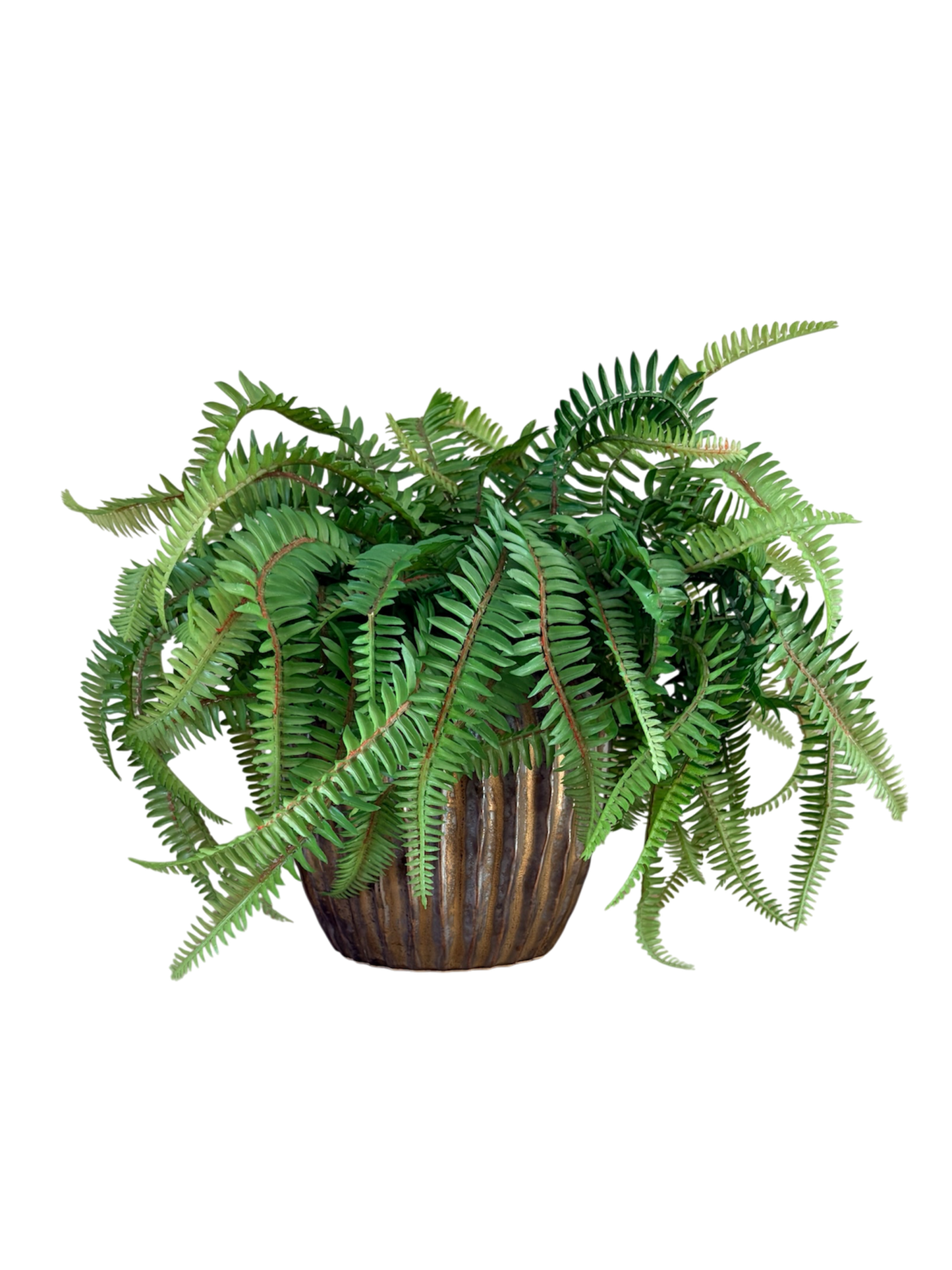 A potted artificial fern plant with lush green fronds and reddish-pink veins, set in a brown ribbed pot against a plain white background.