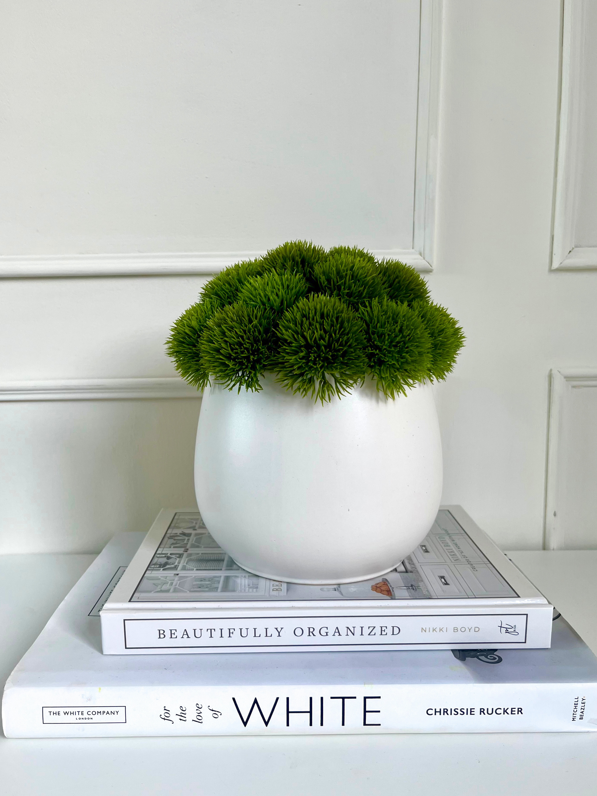 Vibrant green artificial dianthus set in a matt white plant pot displayed on a stack of books.