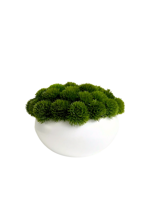 Vibrant green artificial dianthus displayed in a matt white ceramic bowl planter.