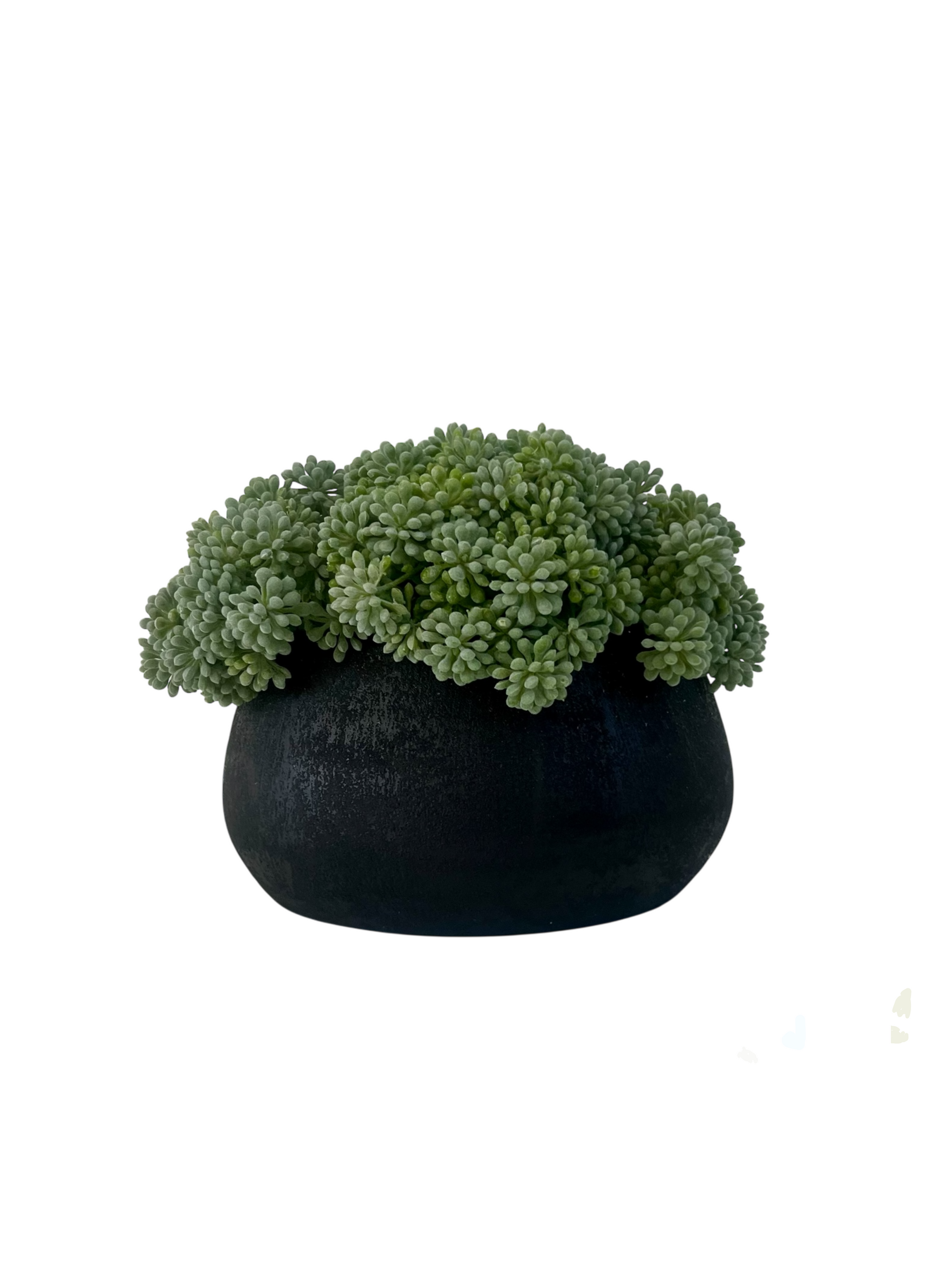 Muted green artificial sedum set in a black melange terracotta bowl planter.