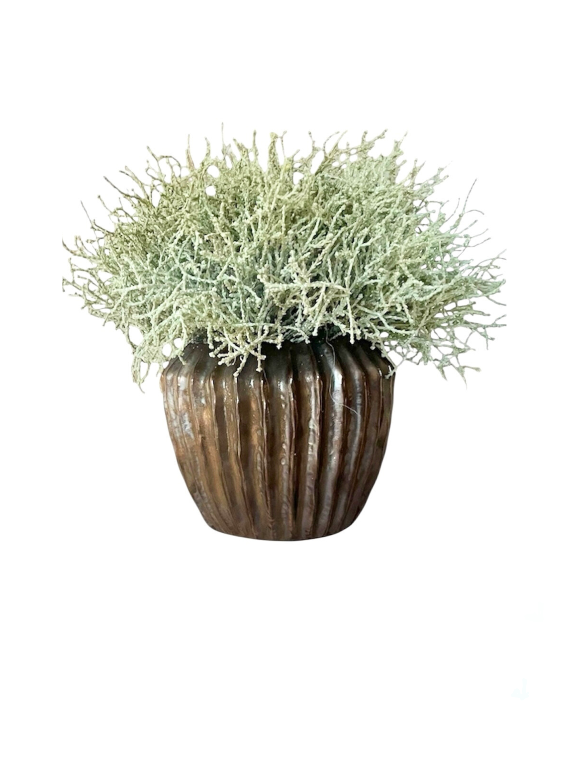 Green/grey artificial santolina set in bronze ribbed pot.