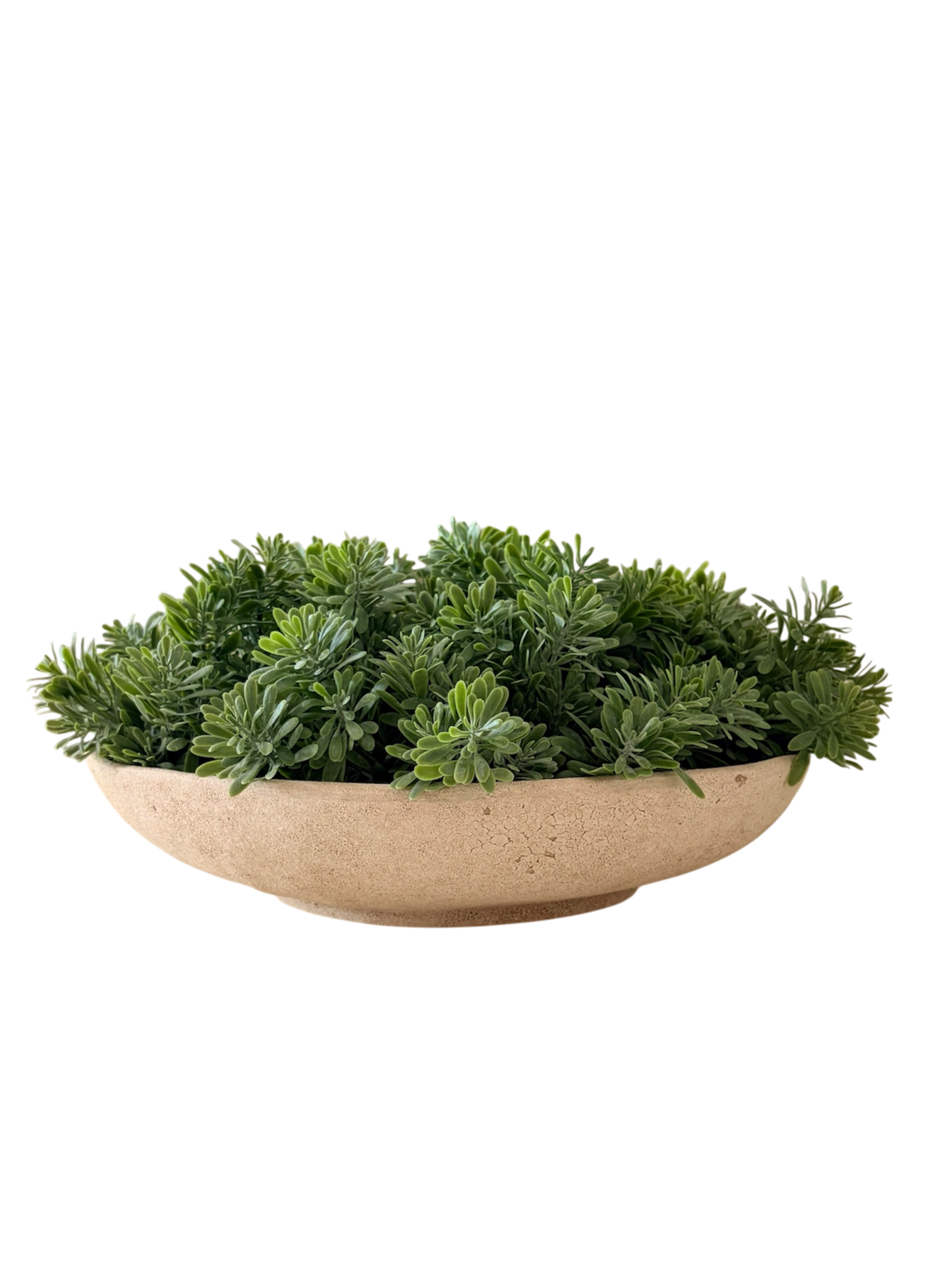 Artificial lush green crossostephium succulents arranged in a stoneware neutral bowl planter.