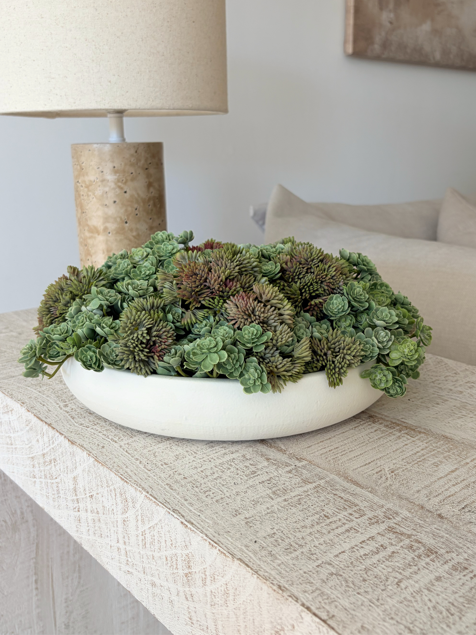 White ceramic bowl brimming with artificial mini echeveria and angelica displayed on a white mango wood table next to a lamp with a sofa and canvas print in the background.